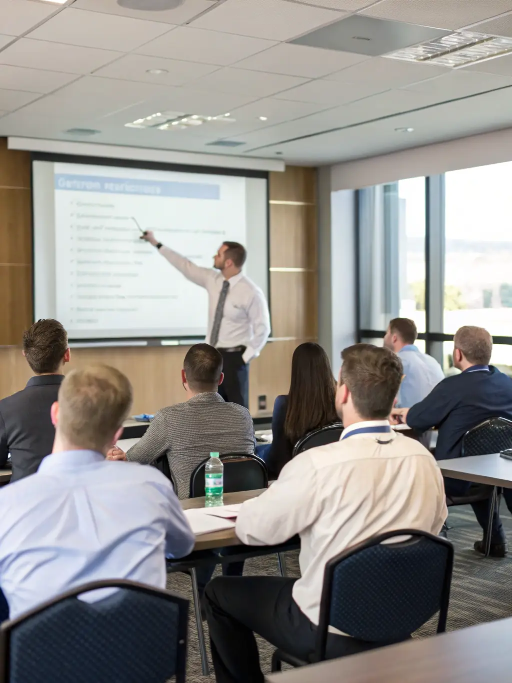 A professional trainer engaging with a group of business professionals during a workshop, with participants taking notes and engaging actively. The setting is a modern, well-lit conference room.