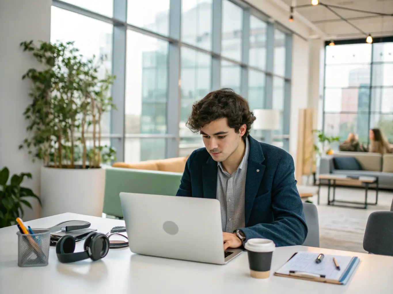 A professional working on a laptop in a modern workspace, engaging with an online course on a tablet or computer, showcasing flexible learning.