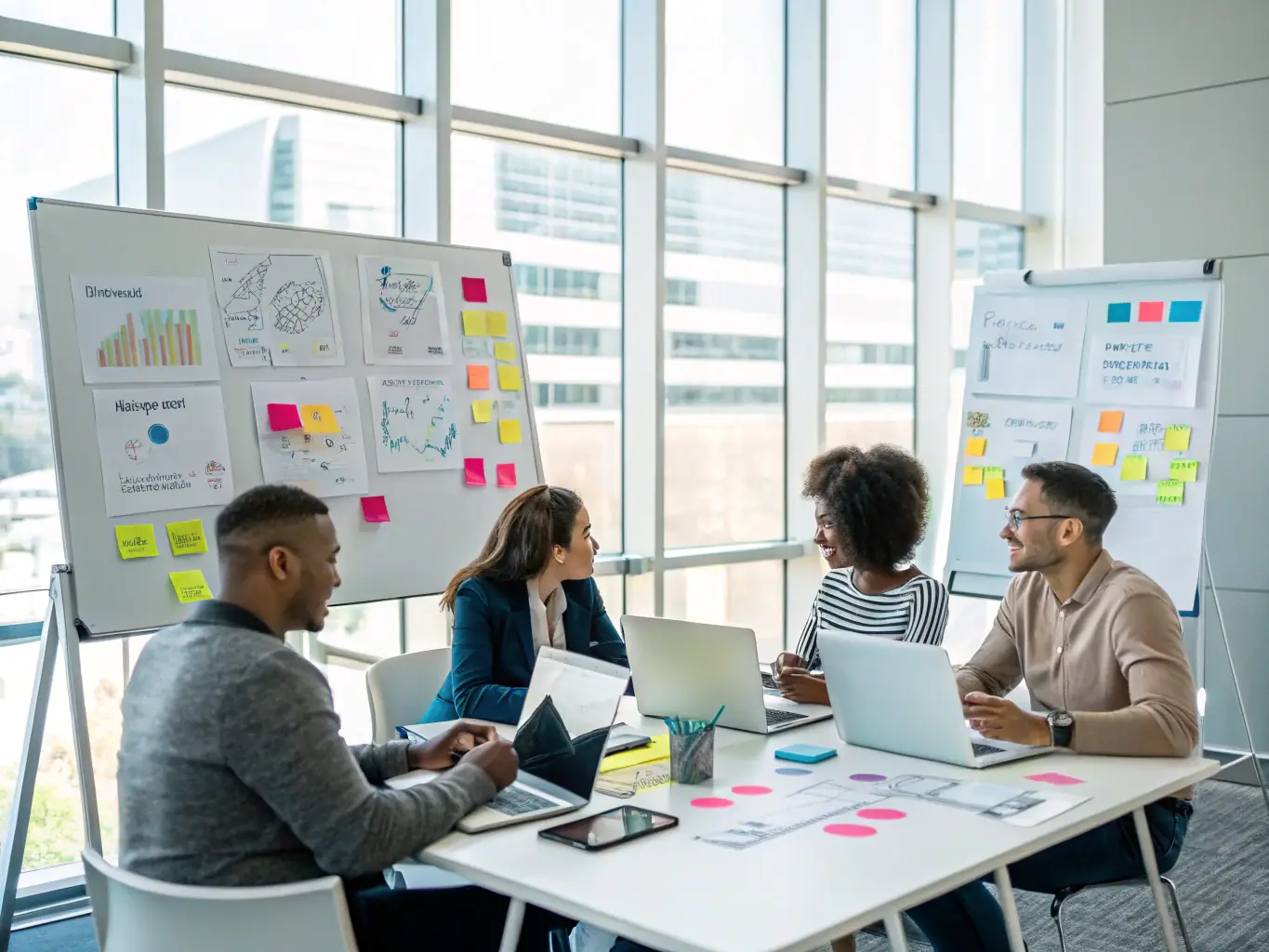 A diverse group of professionals actively participating in a business training workshop, with a focus on collaborative problem-solving and skill-building activities.
