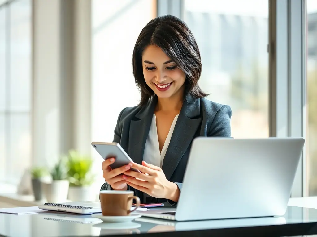 A professional working on a laptop in a bright, modern office, focused on an online learning module displayed on the screen, with notes and a cup of coffee nearby.