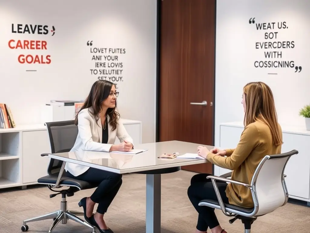 A coach and a client engaged in a focused discussion, reviewing strategic plans and identifying growth opportunities in a modern office setting.